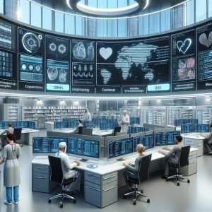 This photorealistic image showcases a contemporary hospital setting with a central hub adorned with computer monitors displaying patient data and medical accounts. Healthcare professionals of various descents and genders are seen coordinating and deliberating over patient cases close to the DBMS workspace. The image highlights how the usage of sophisticated DBMS in healthcare leads to efficient data utilization, enhanced decision-making, and superior patient care.