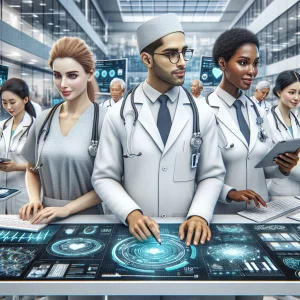 This photorealistic depiction showcases a contemporary Indonesian hospital equipped with cutting-edge digital healthcare technologies. Diverse medical personnel, including a Caucasian female nurse, Middle-Eastern male doctor, and Black female pharmacist, are seen utilizing digital devices and systems to provide superior healthcare services. The illustration captures an atmosphere of technological sophistication integral to the Indonesian healthcare sector.