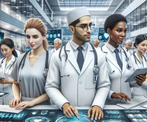 This photorealistic depiction showcases a contemporary Indonesian hospital equipped with cutting-edge digital healthcare technologies. Diverse medical personnel, including a Caucasian female nurse, Middle-Eastern male doctor, and Black female pharmacist, are seen utilizing digital devices and systems to provide superior healthcare services. The illustration captures an atmosphere of technological sophistication integral to the Indonesian healthcare sector.