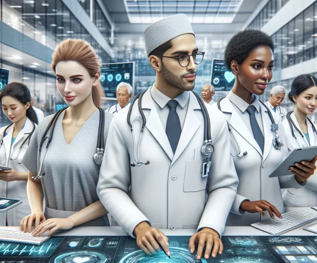 This photorealistic depiction showcases a contemporary Indonesian hospital equipped with cutting-edge digital healthcare technologies. Diverse medical personnel, including a Caucasian female nurse, Middle-Eastern male doctor, and Black female pharmacist, are seen utilizing digital devices and systems to provide superior healthcare services. The illustration captures an atmosphere of technological sophistication integral to the Indonesian healthcare sector.