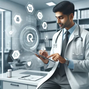 This photorealistic image captures a South Asian male healthcare provider in a modern medical office, using a digital tablet to send a prescription to a pharmacy. The scene portrays efficient patient medication management with themes of precision, accessibility, real-time monitoring, communication, and data-based decision-making, showcasing the impact of advanced technology on contemporary healthcare systems.
