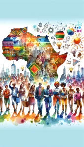 This watercolor painting captures the vibrant energy of entrepreneurship in Africa, showcasing a diverse group of entrepreneurs from various descents and gender identities. The image reflects the excitement of initiating new ventures, exploring opportunities, and overcoming obstacles in the African business landscape. With creative business ideas, a sense of community, and mutual support, this artwork embodies the vigor and exhilaration of embarking on an entrepreneurial journey in Africa.