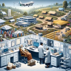 This detailed and photorealistic image showcases the state of the Indonesian healthcare sector before digitalization. It depicts isolated rural areas with sparse healthcare facilities, symbolizing limited access to medical services. The image also represents the disparate and fragmented nature of health systems through images of disconnected structures. A desk cluttered with patient files and paperwork highlights manual paper-based processes, while contrasting equipment and procedures demonstrate the lack of standardization and uniformity. Data security concerns are conveyed through a torn or opened file marked 'Confidential', and limited interoperability is shown with mismatched technology pieces. The resistance to change is symbolized by an older individual looking skeptically at a modern device or new procedure.
