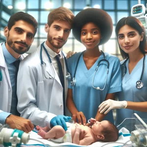 This photorealistic image showcases a diverse group of healthcare professionals, including a neonatologist, paediatric nurse, respiratory therapist, and radiologist, working together to provide care for a newborn baby in a modern hospital setting. The scene is filled with advanced medical equipment and technology, emphasizing the contemporary nature of their work. The expressions and actions of the team reflect teamwork, compassion, and professional expertise in child health and paediatrics.