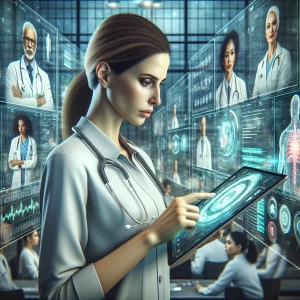 A Caucasian female medical professional engrossed in studying patient health data on a sleek digital tablet, surrounded by crystal-clear screens showing real-time collaboration with a Middle-Eastern male doctor and South Asian female nurse in a cutting-edge healthcare facility. The scene pulsates with the energy of rapid information exchange, showcasing the impact of digital innovation in health services.