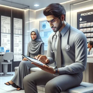A depiction of a South Asian male healthcare provider using a digital device to prescribe medication to a Middle-Eastern female patient in a sleek and modern healthcare environment. The efficient and accurate digital procedure is shown, with the patient receiving the prescription on her mobile device. The room is brightly lit, reflecting advanced healthcare practices.