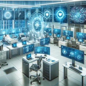 This photorealistic image showcases a high-tech hospital setting where advanced technology is seamlessly integrated into various aspects of patient care. Computer screens display electronic medical records, automated devices manage appointment scheduling, and digital screens show real-time patient data. The interconnected devices and computers emphasize improved efficiency and modernity.
