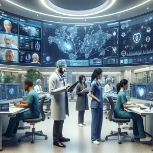 This photorealistic image showcases a contemporary hospital interior in Indonesia, highlighting innovation and progress through digitalization. The scene includes a diverse group of healthcare professionals engaging with advanced technologies, such as telemedicine services, electronic health records, and digital healthcare systems. The composition features a Caucasian male surgeon, a black female anaesthesiologist, a Hispanic male nurse, a Middle Eastern female patient, and a South Asian female hospital administrator, all working together in a modern healthcare environment.