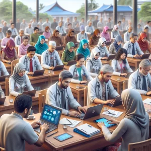 A diverse group of medical professionals from different descents are participating in a training program to learn digital health tools. The setting is filled with a spirit of collaboration and learning, emphasizing the importance of digital skills in modern healthcare.