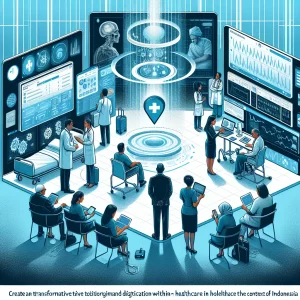 An illustration depicting a modern hospital setting in Indonesia where healthcare professionals of diverse descents are using digital tools to deliver efficient and personalized care. The scene includes telemedicine sessions, electronic health databases, and data-analytics software, highlighting the benefits of digitization in healthcare delivery.