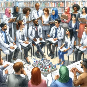 Watercolor illustration showing students of different descents studying together in a classroom, engaged in discussions about drug classes and medical conditions. The image conveys collaboration, curiosity, and enthusiasm for learning.