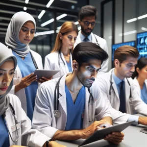 A realistic image showcasing a diverse group of Indonesian healthcare professionals, including Black female and South Asian male doctors, Middle Eastern female and White male nurses, Hispanic male and South Asian female medical personnel, immersed in a digital skills training session. The professionals are using various digital tools and technologies in a modern, well-equipped facility with state-of-the-art technology. The focus is on their determination and adaptability to new digital healthcare methods, emphasizing professionalism and the importance of continuous education in the healthcare field.