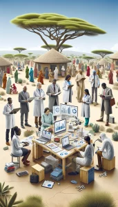 A photorealistic image depicting a group of healthcare professionals from various descents working together in a community setting in Africa. The scene shows researchers collecting data, analyzing statistics, and discussing public health interventions on laptops. Decorative elements include an African environment with an acacia tree or traditional building in the background, conveying collaboration, multiculturalism, and dedication to solving health issues.