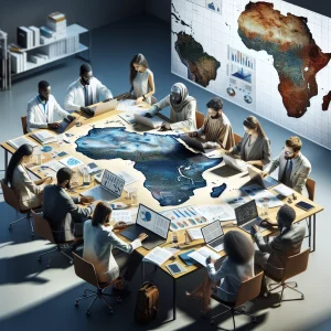 This photorealistic image captures a group of researchers from various descents working together on a project in Africa. They are surrounded by laptops, notebooks, and research papers, with a map of Africa in the background. The researchers are deeply engaged in their work, showcasing unity and collaboration in research methodology.