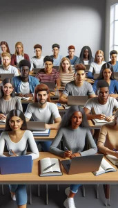 A photorealistic image of an inclusive group of students from various descents studying together in a classroom setting, focusing on a lesson on 'MBsC B1: Biostatistics and Demography'. The students are engaged with laptops and open textbooks, symbolizing the importance of these subjects in medical research and health services, especially in Africa.