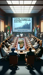 A powerful image showcasing effective leadership, management, and governance in health systems across Africa. The conference room setting features a diverse group of health officials, medical professionals, and community leaders deep in discussion to strategize for success. The atmosphere is serious yet collaborative, with a graph displaying significant health improvements projected on a screen. The photorealistic style captures intricate details, expressions, and lighting nuances, while a bold title 'Leadership, Management and Governance in Health Systems in Africa' anchors the scene.