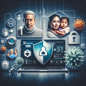 This photorealistic image symbolizes the importance of data security and privacy in healthcare databases. It features a diverse group of patients - a Hispanic male, a Caucasian female, a Middle-Eastern child, and a South Asian elderly woman - showcasing the need to protect sensitive information. The scene includes symbolic elements like a medical aid symbol, a shield representing trust in the healthcare system, locks, encoded data streams for security measures, a document with a checkmark for compliance, and a firewall guarding against attacking virus icons.