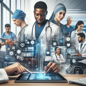 This photorealistic image showcases a diverse group of healthcare professionals working seamlessly together in a modern hospital setting. An African healthcare provider uses a tablet, a Caucasian doctor utilizes a computer, and an automated task is in progress in the background. A Middle-Eastern patient is depicted interacting with a digital health management tool, highlighting efficiency, smooth communication, and innovation in healthcare delivery.