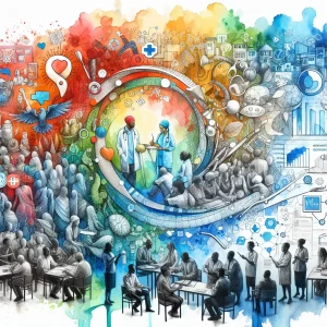 This intricate watercolor painting captures the essence of community-oriented health care in Kenya, showcasing people of different ages and gender working together to symbolize the collaboration of health agencies. The seamless integration of health programs is represented by a mixture of symbols like medical equipment and health indicators. The vibrant colors blend seamlessly to reflect the interconnectedness of various health service aspects, highlighting the diversity of Kenya's health care system with people from different ethnicities.