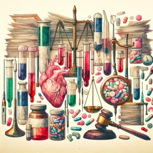 This stunning watercolor painting captures the intricate relationship between medicine and law, specifically in the fields of Medical Jurisprudence and Applied Toxicology. Autopsy tools, medical samples, legal documents, and symbolic elements of gender-based violence and substance abuse are delicately intertwined in this art piece, highlighting the complexity and significance of this interdisciplinary field.