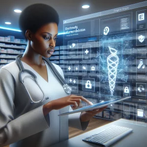 This detailed and photorealistic image showcases an African American female healthcare provider utilizing a sophisticated e-prescribing system to electronically send a prescription to a pharmacy. The seamless integration of technology in modern healthcare setups is highlighted, emphasizing the advantages of e-prescribing such as enhanced patient safety, efficiency, and cost reductions. The contemporary, digitalized healthcare ambiance in the backdrop underscores the crucial role of electronic prescribing in driving better patient outcomes and healthcare advancements.