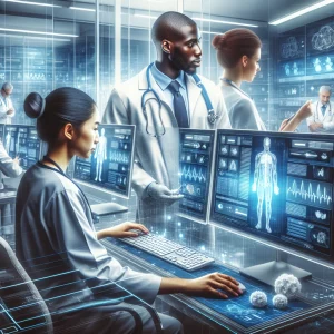 This detailed image showcases a contemporary hospital environment with cutting-edge digital technology emphasizing data security and privacy. A diverse group of healthcare professionals, including a Black male doctor and a South Asian female nurse, are depicted diligently accessing and managing patient information using state-of-the-art digital devices. The significance of the secure and efficient healthcare database system is highlighted, demonstrating how technology seamlessly integrates into modern patient care.