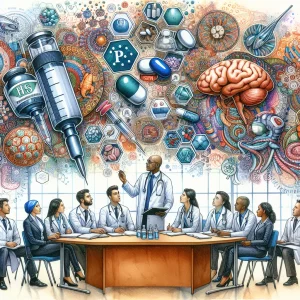 An educational and vibrant watercolor image showcasing a diverse study group engaged in collaborative learning about pharmacology and therapeutics in Kenya. The scene features medical equipment, pharmaceutical symbols, and intricately designed backgrounds representing various aspects of pharmacology. The composition encapsulates the richness of a comprehensive MBsC C1a Pharmacology and Therapeutics course.