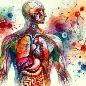 This vibrant watercolor painting intricately depicts the human anatomy, showcasing the skeletal framework, layers of muscle, circulatory system arteries, nervous system nerves, and internal organs. The bright colors and delicate brush strokes capture the complexity and beauty of the human form, symbolizing the crucial role of understanding anatomy in the field of nursing.