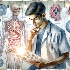 This watercolor image showcases a South Asian male nurse deeply engrossed in studying a detailed anatomical chart, surrounded by illustrations of various human body systems. The nurse's expression conveys curiosity and concentration, highlighting the importance of understanding anatomy in nursing practice.