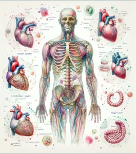 This beautiful watercolor illustration showcases the intricate details of the skeletal, muscular, cardiovascular, respiratory, digestive, and nervous systems. It emphasizes the importance of understanding human anatomy in the field of nursing.