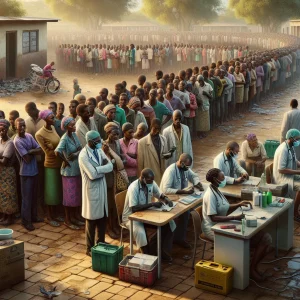 A poignant portrayal of a primary care clinic in Zambia, showcasing the struggles of scarce resources and inadequate infrastructure. Patients of various descents and genders wait in a long queue, their expressions conveying patience and resignation. Diverse medical professionals, exhausted but resilient, work tirelessly in this challenging environment, highlighting the urgent need for innovative solutions to improve the quality of care.