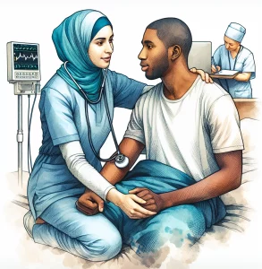 A watercolor painting depicting a Middle-Eastern nurse assisting a Black patient with mobility. The scene showcases basic nursing skills such as hygiene, mobility assistance, vital signs monitoring, documentation, and communication with the healthcare team. The image exudes compassion, professionalism, and dedication to patient care.