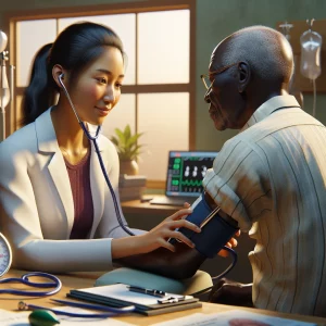This photorealistic image depicts a Zambian primary care physician, of female South Asian descent, engaging in an empathetic interaction with a male Black patient receiving treatment for a chronic disease. The warm and attentive environment of a primary care setting in Zambia is highlighted, emphasizing the importance of early detection, prevention, and effective management of diseases like diabetes or hypertension. Tools for diagnosis and educational materials are subtly included in the scene, showcasing the dedication to holistic healthcare.
