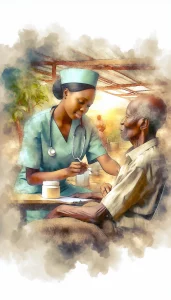 A touching scene of an African female nurse providing care and emotional support to a male patient in Zambia, surrounded by a background of soft watercolor strokes symbolizing healing and nurturing.
