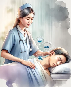 A serene painting showcasing a South Asian female nurse performing physical examination techniques on a Caucasian male patient in a calming healthcare setting. The watercolor wash background enhances the tranquil ambiance, highlighting the importance of systematic nursing practices.