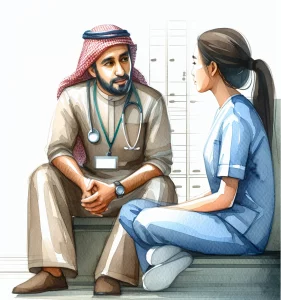 A watercolor illustration portraying a Middle Eastern male nurse and an Asian female patient engaging in active listening and empathy in a healthcare setting. The nurse demonstrates understanding and compassion as he attentively listens to the patient's concerns, creating a supportive environment where the patient feels heard and valued.