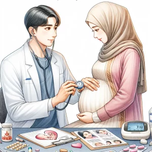 A heartwarming watercolor illustration depicting an East Asian male nurse providing prenatal care to a pregnant Middle-Eastern woman. The nurse is using a doppler device to monitor the baby's heartbeat, surrounded by various health tools like a blood pressure monitor and pamphlets about prenatal care. The mother looks relieved and the nurse is focused, conveying compassion, support, and professionalism in maternal and child health.