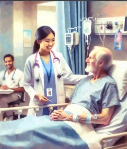 This impressionist-style painting captures the essence of patient-centered care in nursing, showcasing a South Asian nurse and a Caucasian male patient engaged in a heartfelt conversation. The warm color palette and gentle brush strokes create a soothing atmosphere, emphasizing the importance of individualized care in healthcare settings.