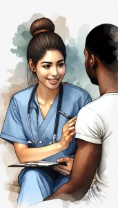 This watercolor painting showcases a Hispanic female nurse engaging in health history taking with a Black male patient. The nurse exudes professionalism and attentiveness as she listens to the patient's medical background and current health concerns. Elements such as a reassuring smile, a clenched hand on the patient's shoulder, and an open notebook symbolize trust, understanding, and open communication between them.