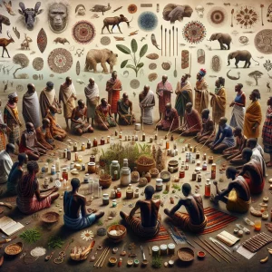This photorealistic image showcases a group of men and women from various Kenyan tribes engaging in traditional African practices, surrounded by symbolic elements like medicinal herbs and visual representations of diseases. The sense of community and interconnectedness among them subtly reflects the themes of a Behavioral Sciences course.