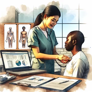 A watercolor-style image depicting a South-Asian female nurse and a Black male patient in a healthcare setting. The nurse is conducting a physical examination with a stethoscope and taking notes, emphasizing the importance of health history. A chart or document is included to highlight documentation. The interaction conveys effective communication and thorough assessment in the healthcare process.