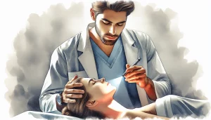 A watercolor painting of a Hispanic male nurse conducting a physical examination on a Caucasian female patient. The nurse is carefully inspecting the patient's skin with a penlight, exuding focus and care. The patient lies comfortably on the examination table, emanating an aura of trust. The room exudes peacefulness and serenity, capturing the essence of a thorough and compassionate physical examination.