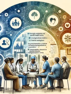 A watercolor-style image showcasing an African female mental health nurse conducting a thorough evaluation with an Asian male individual, while collaborating with Hispanic and Caucasian healthcare professionals. The scene emphasizes the importance of information collection, diagnostic criteria, and personalized care in mental health assessment.