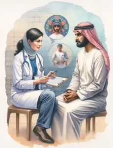 A 19th-century style watercolor illustration showing a South Asian female nurse conducting a cognitive functioning evaluation with a Middle Eastern male patient. The nurse is depicted in a professional demeanor, observing the patient's behavior and using assessment tools. The image includes a visualization of emotional well-being with a calm aura around the patient, as well as a notepad filled with notes to highlight the importance of reporting. Comforting gestures and a warm atmosphere convey a holistic and patient-centered approach.