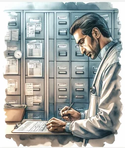 This watercolor painting depicts a middle eastern male healthcare professional deeply engaged in documenting a patient's health assessment. The atmosphere conveys focus, organization, and confidentiality, with symbols of timeliness like clocks. The artwork emphasizes the importance of thorough documentation in promoting continuity of care, respecting legal guidelines, facilitating communication, and aiding in evaluations or research.