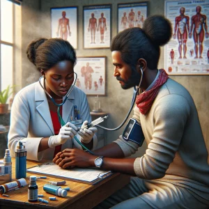 A detailed and photorealistic image of a Black female primary care physician in Zambia diligently working with her South Asian male patient with a respiratory condition. They are engrossed in a deep discussion about treatment options in a primary care setting, surrounded by medical certificates, an examination table, and diagnostic tools like a stethoscope and inhaler.