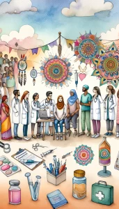 Watercolor painting showcasing community health nurses of various descents working together with healthcare professionals to promote health and wellness. Cultural symbols like dreamcatchers and mandalas are included to emphasize cultural sensitivity.