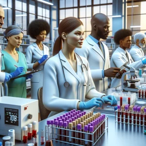 This photorealistic image showcases a well-equipped laboratory in an African setting, where a Middle-Eastern male doctor, a Caucasian female nurse, a Black female lab technician, and a Hispanic male biomedical scientist are seen working together. The healthcare professionals are engaged in activities such as examining blood samples, operating lab equipment, preparing blood products for transfusion, and discussing patient cases. Their teamwork, dedication, and compassion shine through as they provide blood transfusion services and treat haematological disorders, projecting expertise and commitment in maintaining the health of their communities.