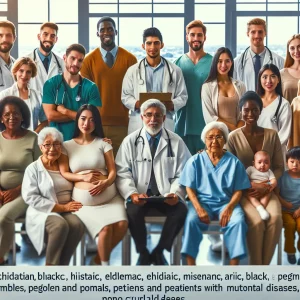 A heartwarming scene in a medical clinic where a multiethnic group of healthcare professionals is seen collaborating to provide primary care services to various special groups including children, elderly individuals, pregnant women, persons from rural areas, individuals with HIV/AIDS, mental health conditions, and NCDs. The team showcases compassion, expertise, and cultural sensitivity as they work together to promote health equity and improve the overall well-being of their diverse patients.
