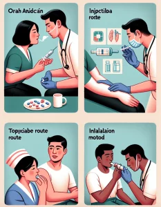 This illustration showcases four different healthcare scenarios where nurses from various ethnic backgrounds are administering different types of medications to patients. From oral medication to topical ointment, injectables, and inhalers, each scene highlights the critical role of healthcare professionals in ensuring patient safety and effective treatment.